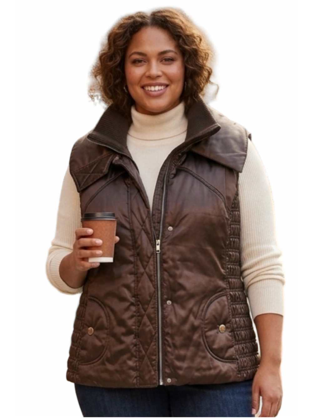 Lane Bryant plus size Brown Quilted-Side Satin Vest with Ribbed Funnel Neck 1356